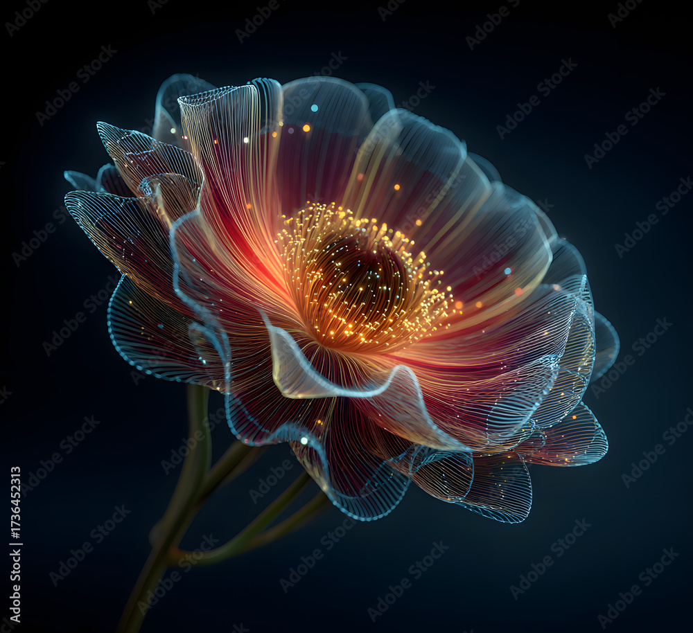 Fototapeta premium Floral pattern of neon glass spiral lines on black background. Abstract vibrant flower with radiant gradient, caustic and reflection light. Bright transparent stripes, circular effect. 3D illustration