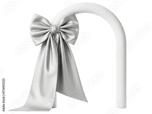 Large decorative silver satin bow tied on a white arch element on a transparent background