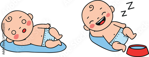 Cute baby cartoon, awake and sleeping illustration, infant character vector, childcare design, newborn artwork, parenting concept, childhood moments, relaxation, flat vector