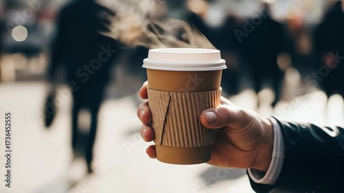 Steaming Coffee Cup Held in Hand Amidst Blurred City Crowd, Warmth and Energy