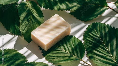 A rectangular bar of cream-colored soap with diagonal ridges sits atop a bed of vibrant, deep-green leaves on a bright white surface.