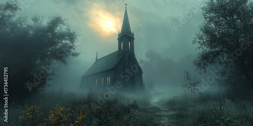 A village church surrounded by a thick fog, creating a serene and haunting atmosphere.