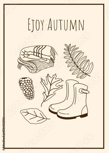 Autumn poster design with cute hand drawn illustrations: Cozy plaid, rubber boots, leaves. For your project of seasonal coziness.	