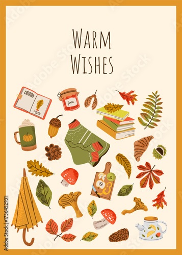 Autumn card with leaves and cozy elements for banner or social media template, sale, greeting card. Cute colorful hand drawn design	