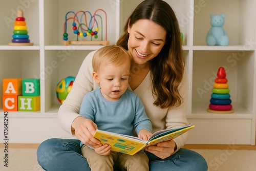 Storytime Moment: A mother and her young child share a sweet reading session together, surrounded by colorful toys in a cozy indoor setting.