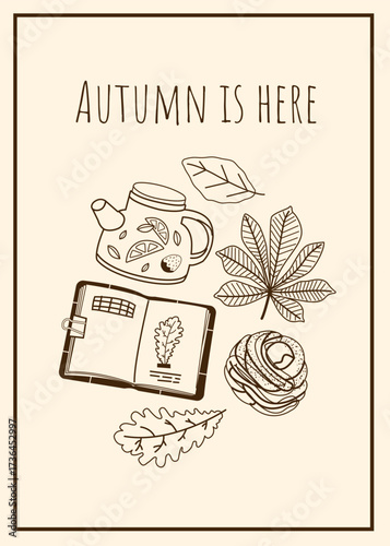 Autumn poster design with cute hand drawn illustrations: Cozy sweater, apple harvest, mushrooms. For your project of seasonal coziness. Autumn vibe
