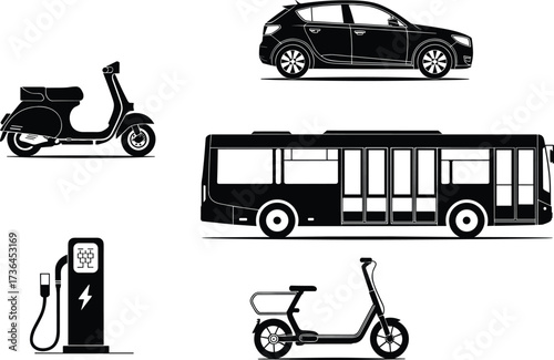 Black and white transport icons, scooter, car, bus, electric charging station, e‑bike illustration, sustainable urban mobility, eco travel concept artwork