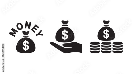 Money bag icon set vector illustration of financial wealth and savings isolated on white background