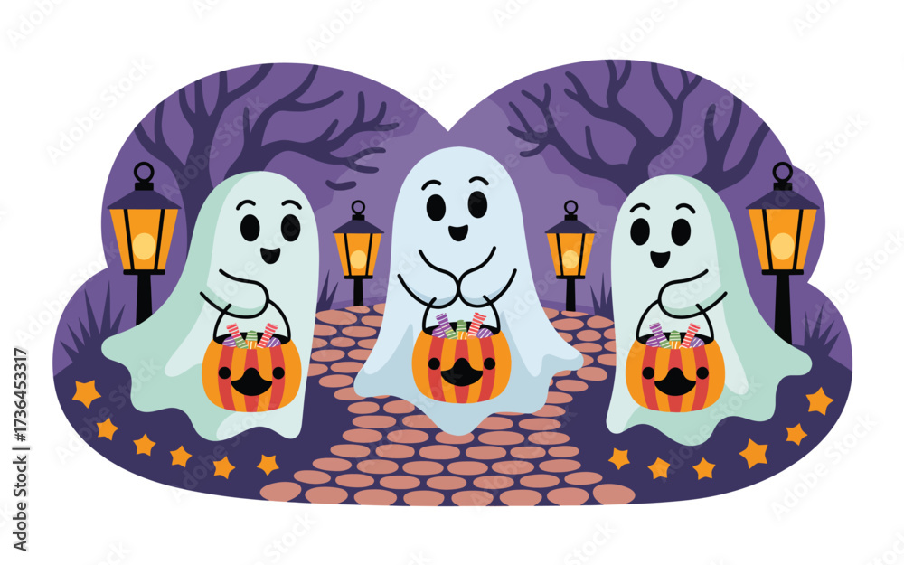 Obraz premium Three cute ghosts holding candy baskets on a path halloween