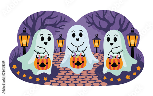 Three cute ghosts holding candy baskets on a path halloween
