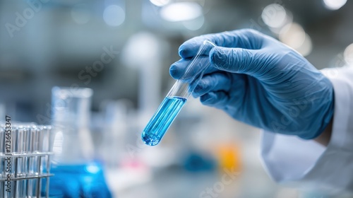 Gloved hand holding test tube with blue liquid