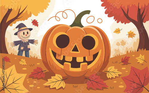 Smiling Jack O Lantern and Scarecrow with Autumn Leaves