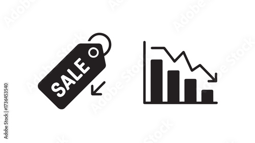 Sales decline icon set showing a price tag and bar graph with downward arrows vector illustration for business and finance concepts