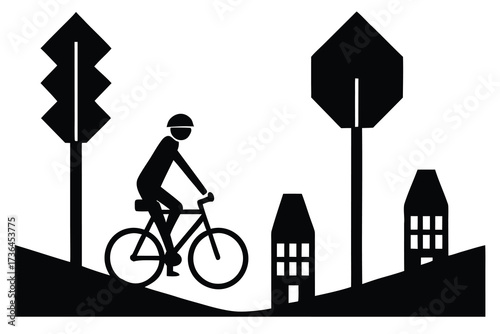 Black and White of Cyclist Riding Through a City Landscape with Trees