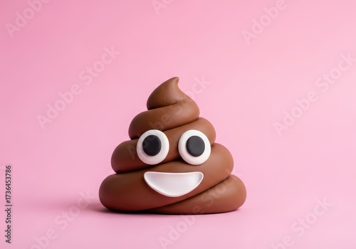 Smiling poop emoji with cartoon eyes and expression rich chocolate brown color whimsical cheerful character on soft pink background fun playful concept