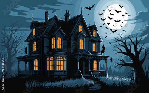 Spooky Victorian mansion at night with bats flying around full moon