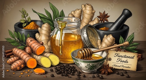 Vibrant display of functional foods featuring turmeric, ginger, honey, and spices arranged on a rustic wooden surface, showcasing natural health remedies