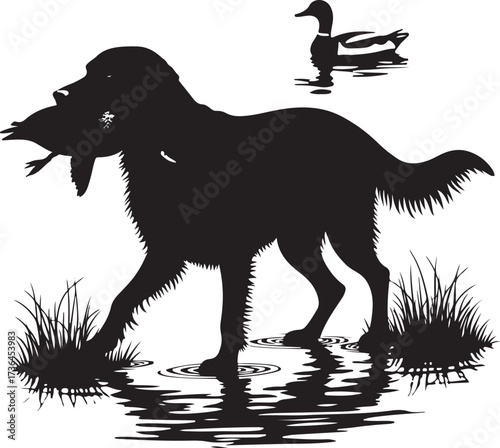 Black silhouette dog carrying duck in water with duck