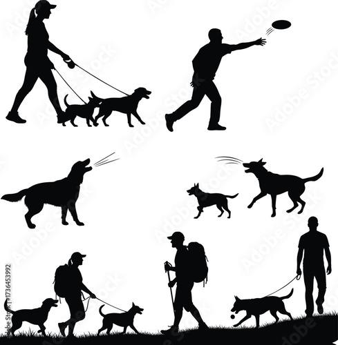 dog, pet, walk, leash, run, play, frisbee, jump, fetch, hike, outdoor, park, animal, friend, exercise, sport, fun, lifestyle, silhouette, companion