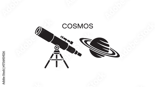 Telescope and planet vector illustration cosmos icon in simple black and white style for astronomy and science projects