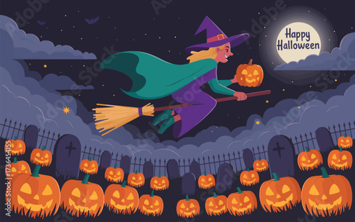Witch flying over graveyard with pumpkins and full moon