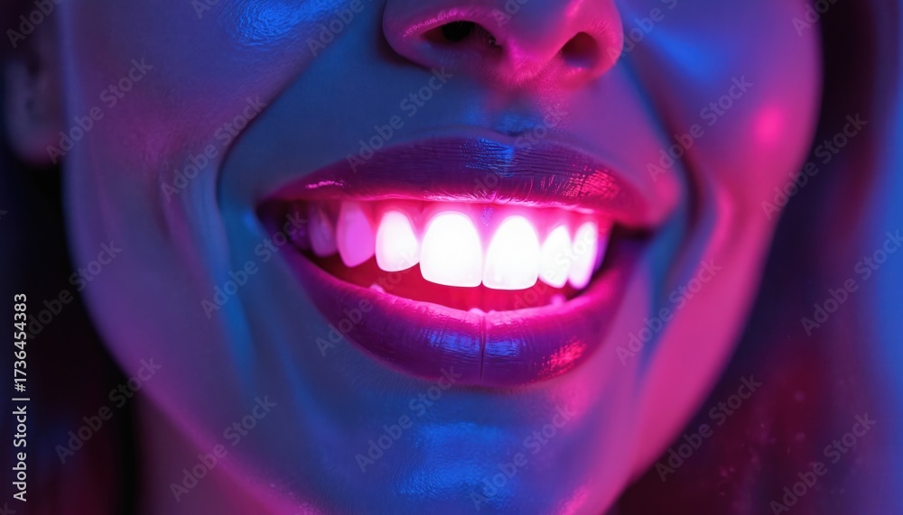 Fototapeta premium Young woman smile lit up with vibrant blue, pink neon light. Closeup of female mouth with white healthy teeth. Bright colorful illumination highlights glossy lips, radiant smile in studio setting.