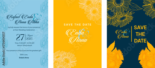 Floral elegant background with hand drawn sunflower elements in neutral blue yelow. Vector design templates for wedding invitation vip cover, poster, rsvp modern card-6.eps