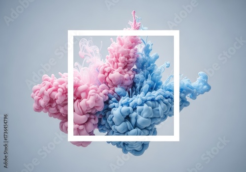 Vibrant clouds of pink and blue paint swirl in a square frame with soft lighting and contrasting colors on a neutral background creating abstract art