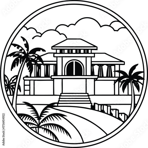 Exotic luxury villa nestled within a tropical circular frame illustration isolated on white background isolated on transparent background