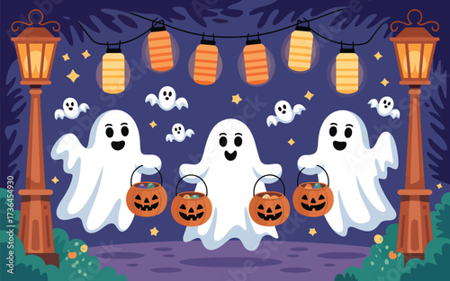 Three cute ghosts holding jack-o-lantern candy buckets at night