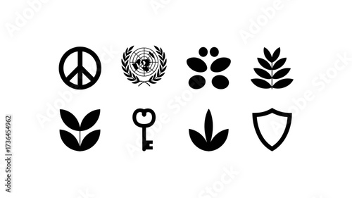 Black vector icons featuring peace symbol, UN emblem, leaf designs, key, shield, and abstract human figures representing unity, nature and protection
