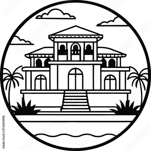 Luxurious tropical villa inside a circular frame with exotic flora isolated on white background isolated on transparent background