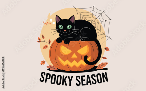 Black cat on jack o lantern with spooky season text