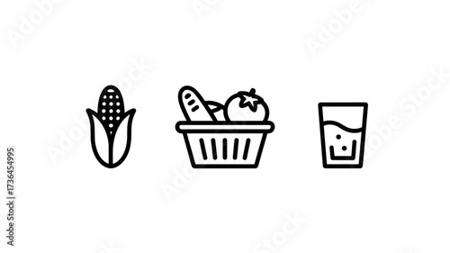 Outline vector icons showing an ear of corn, a basket with bread and tomato, and a glass of water symbolizing food and hydration

