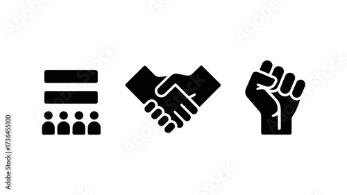 Black vector icons representing social equality with people, a handshake for cooperation, and a raised fist for resistance
