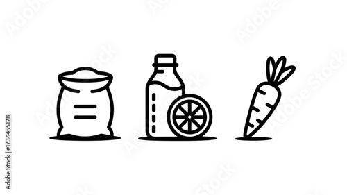 Outline vector icons showing a sack of flour, a juice bottle with citrus fruit slice, and a carrot
