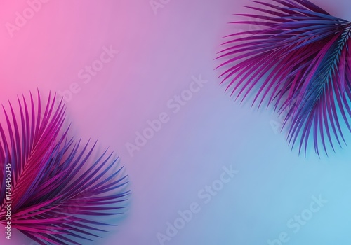 Vibrant neon colored palm fronds arranged against a gradient background of pink and blue with soft lighting and detailed leaf textures for creative design