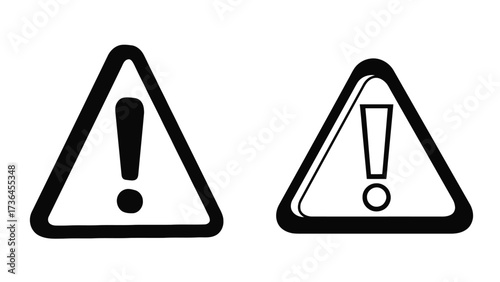 Set of warning sign triangles with exclamation marks in solid and outline silhouettes, vector icons