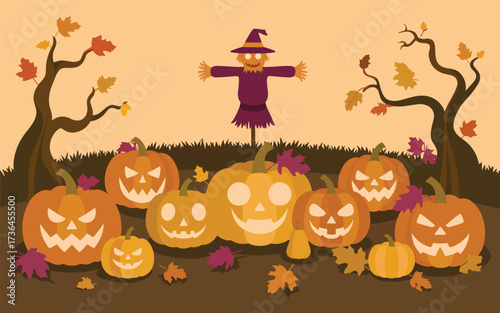Halloween pumpkins and scarecrow in autumn scene jack o lantern