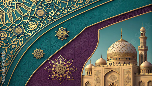 Ornate Islamic Design Featuring Geometric Patterns and a Detailed Mosque Depiction Evoking a Sense of Cultural Richness
