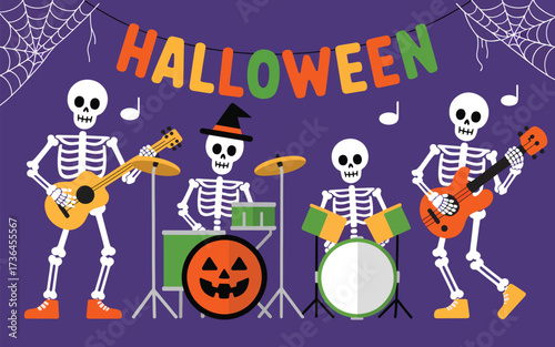 Four skeletons playing musical instruments at Halloween party