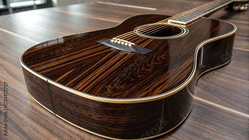 Striking Acoustic Guitar Close Up Beautiful Wood Grain and Light Reflecting off the Smooth Glossy Finish on a Wooden Table
