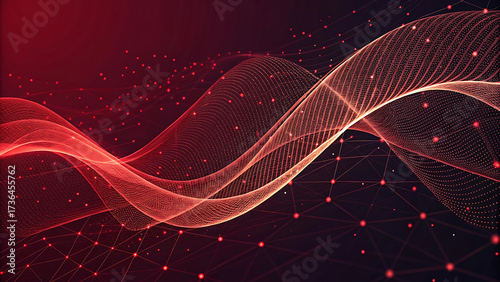 Abstract Red Network Wavy Lines and Connection Points with Dark Background, Modern Futuristic Design Perfect for Technology and Science