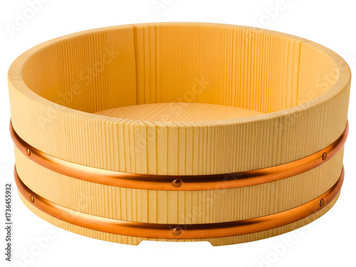 Round wooden basin with two copper bands on a transparent background