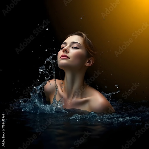 Photorealistic photograph, woman in splashing water, intense jet black background, deep shadows, pure black, soft contrast, soft saturation, yellow gradient reflections.