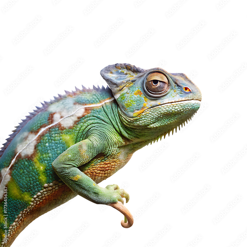 Obraz premium Chameleon, with colorful skin and textured scales, cutout, PNG isolated on white or transparent background
