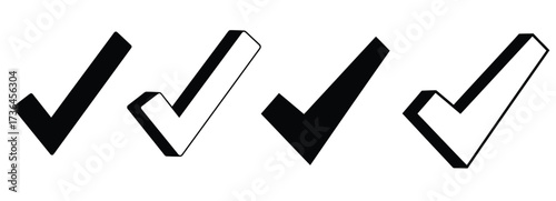 Set of Black and White Check Mark and Tick Icons in Solid and Outline Styles Representing Validation, Approval and Success – Minimal Silhouette Vector Illustration