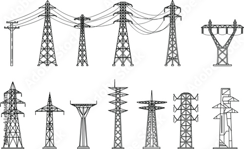 Electrical transmission tower designs, high voltage pylons, energy infrastructure, electricity distribution system, industrial power grid, utility structures, 