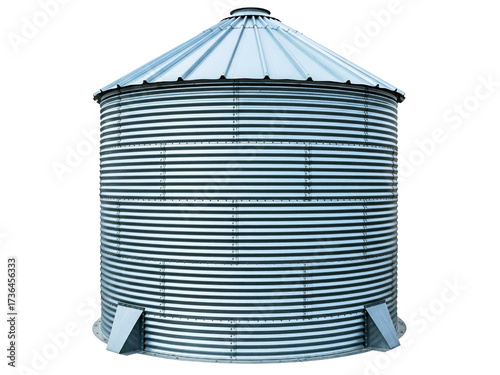 Large corrugated galvanized steel grain bin for farm storage on a transparent background