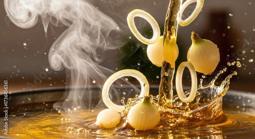 Fresh onion rings and whole onions are tossed into hot cooking oil, creating a splash and steam against a blurred background, showcasing food preparation techniques and appetizing culinary visuals,...